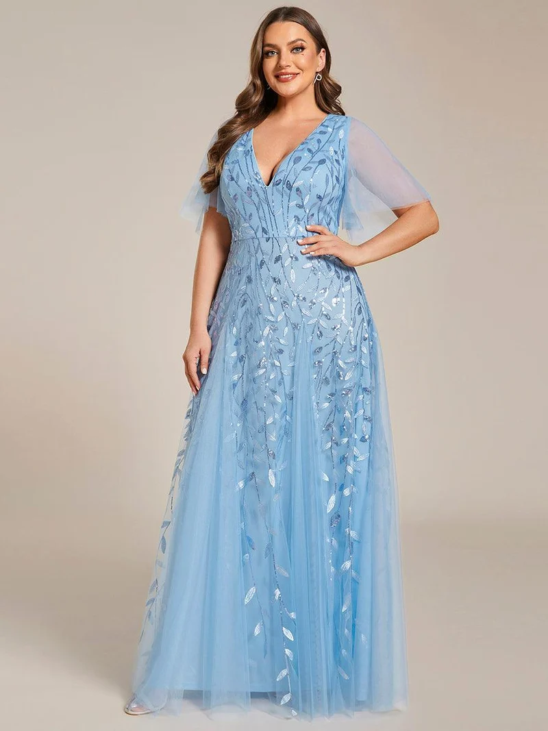 ever ASTRAL|Robe de soirée de mariage à col en V et manches à volants