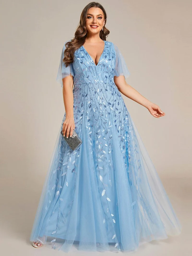 ever ASTRAL|Robe de soirée de mariage à col en V et manches à volants
