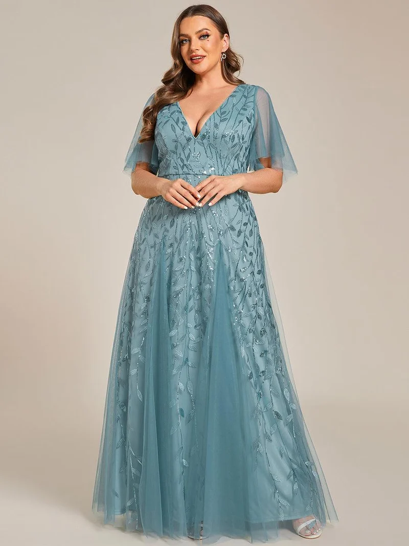 ever ASTRAL|Robe de soirée de mariage à col en V et manches à volants