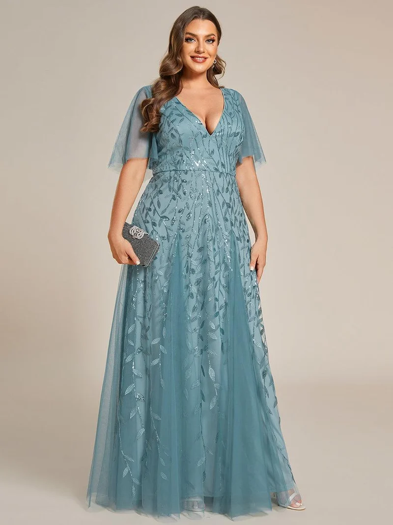 ever ASTRAL|Robe de soirée de mariage à col en V et manches à volants