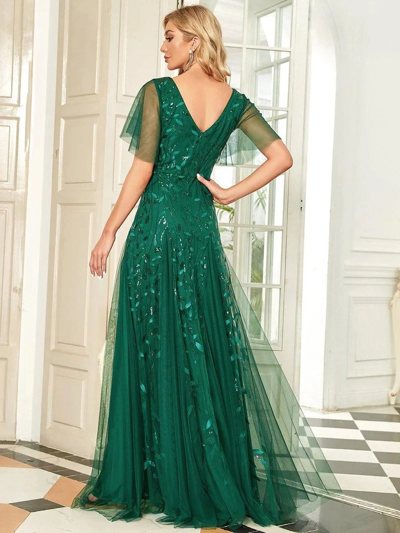 ever ASTRAL|Robe de soirée de mariage à col en V et manches à volants