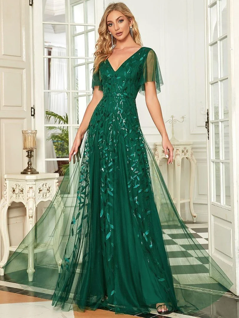 ever ASTRAL|Robe de soirée de mariage à col en V et manches à volants