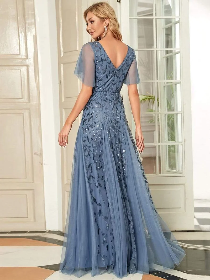 ever ASTRAL|Robe de soirée de mariage à col en V et manches à volants