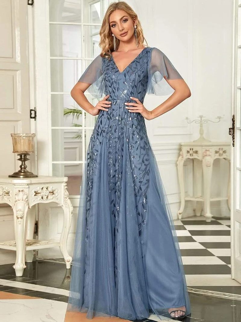 ever ASTRAL|Robe de soirée de mariage à col en V et manches à volants