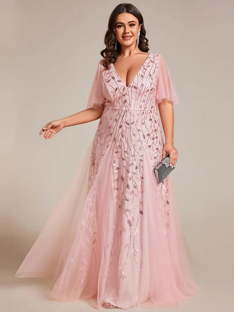 ever ASTRAL|Robe de soirée de mariage à col en V et manches à volants