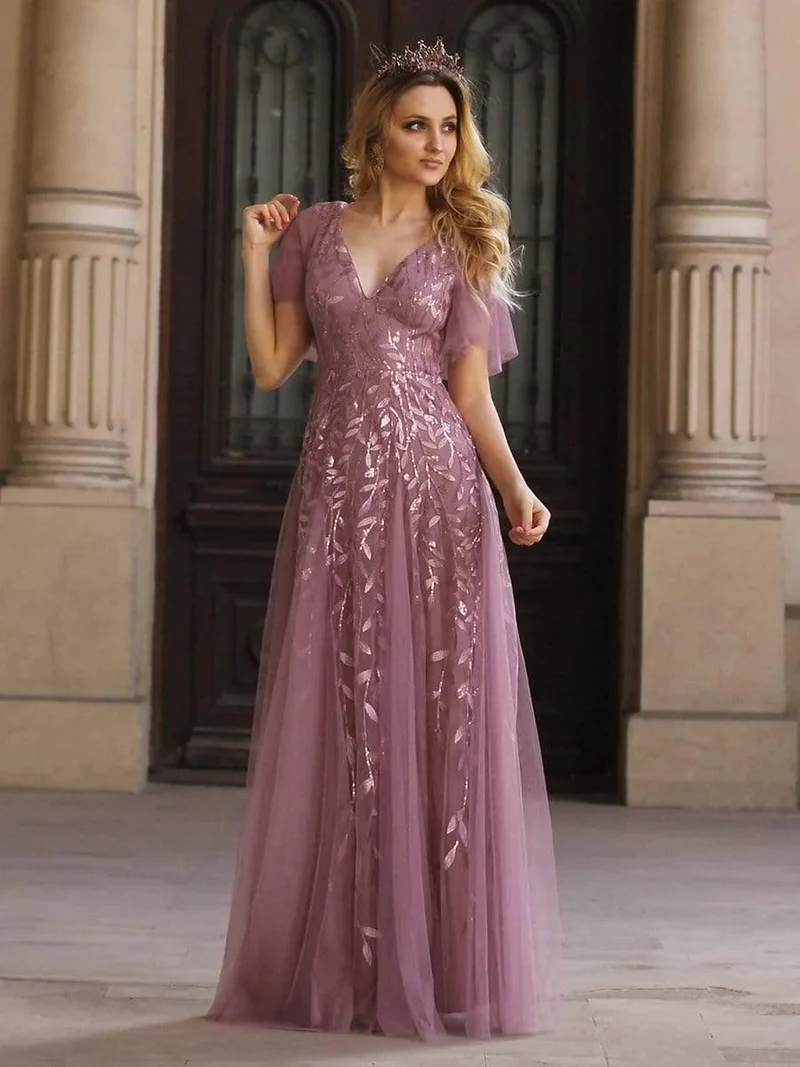 ever ASTRAL|Robe de soirée de mariage à col en V et manches à volants
