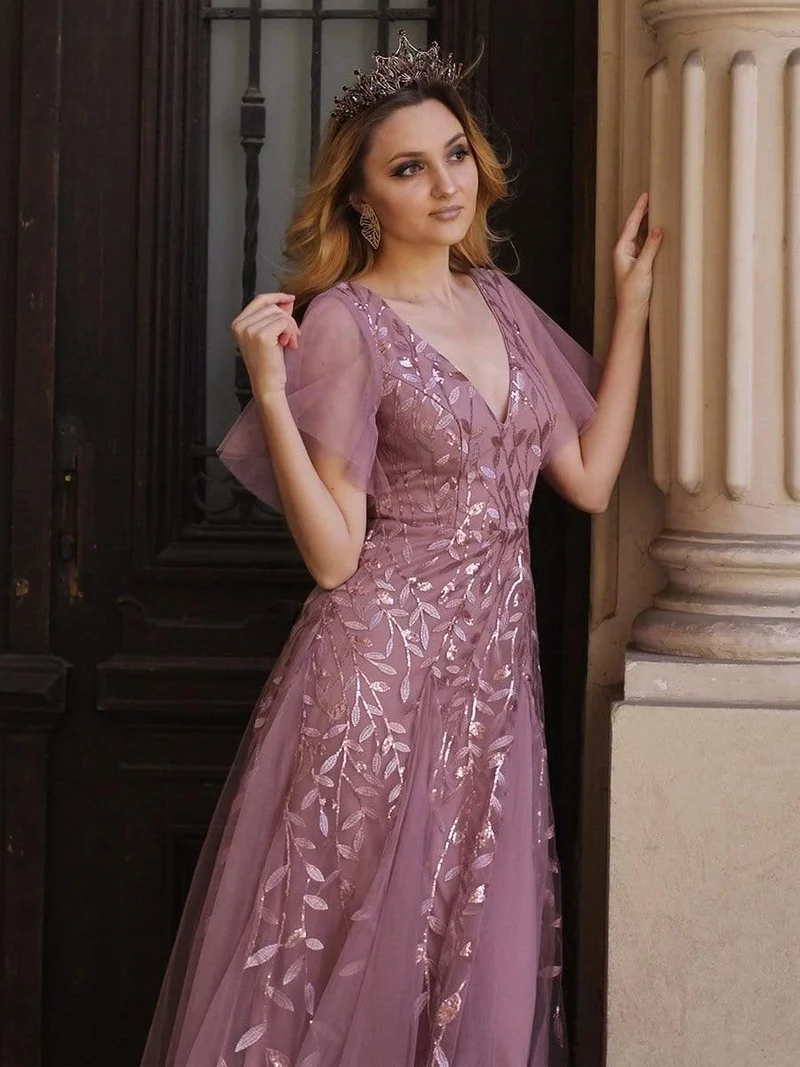 ever ASTRAL|Robe de soirée de mariage à col en V et manches à volants