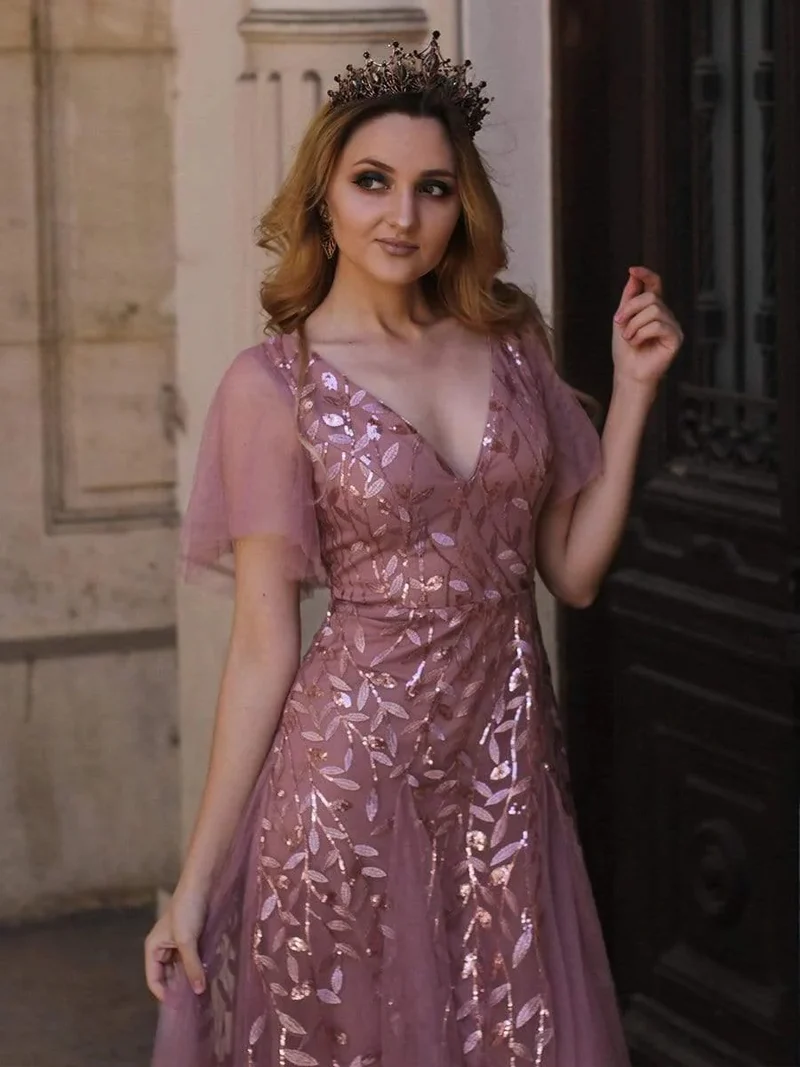 ever ASTRAL|Robe de soirée de mariage à col en V et manches à volants