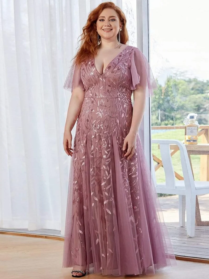 ever ASTRAL|Robe de soirée de mariage à col en V et manches à volants