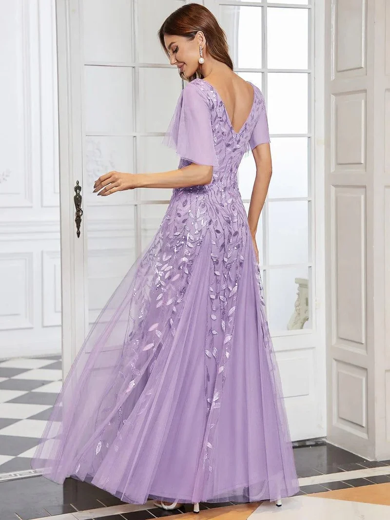 ever ASTRAL|Robe de soirée de mariage à col en V et manches à volants