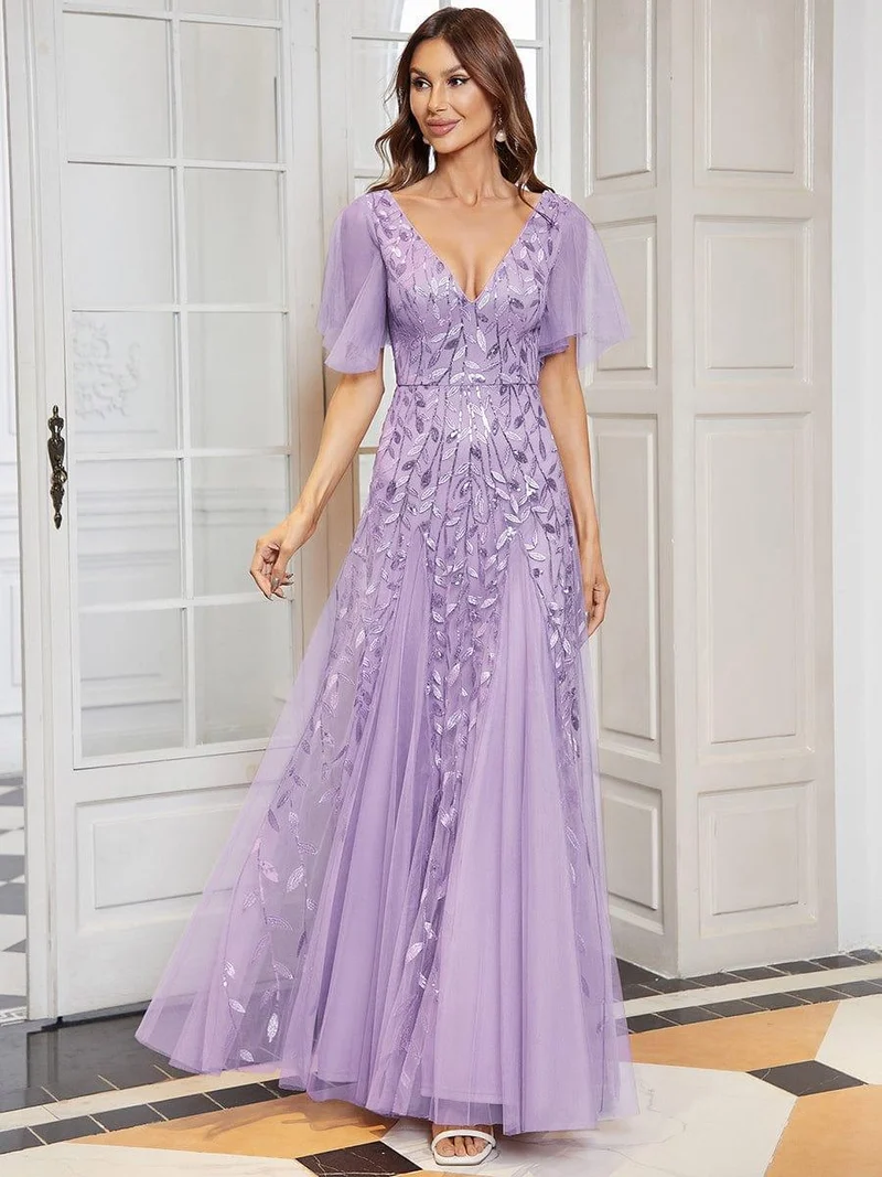 ever ASTRAL|Robe de soirée de mariage à col en V et manches à volants