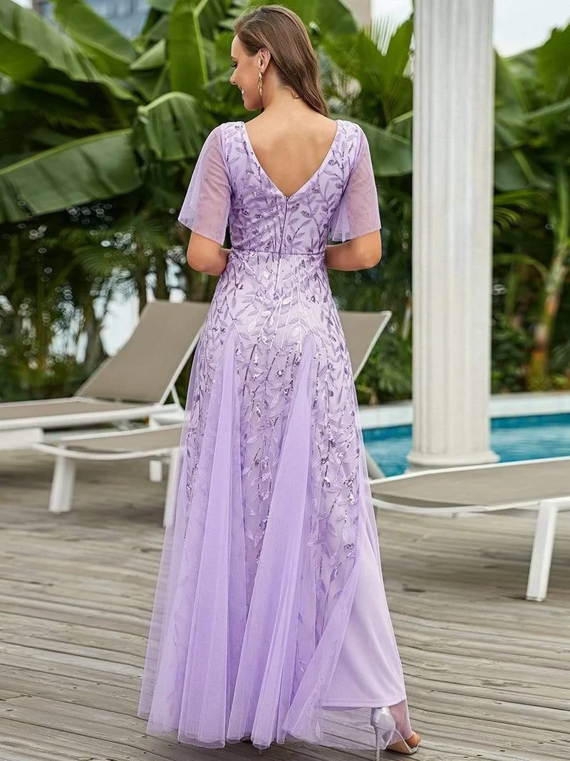 ever ASTRAL|Robe de soirée de mariage à col en V et manches à volants