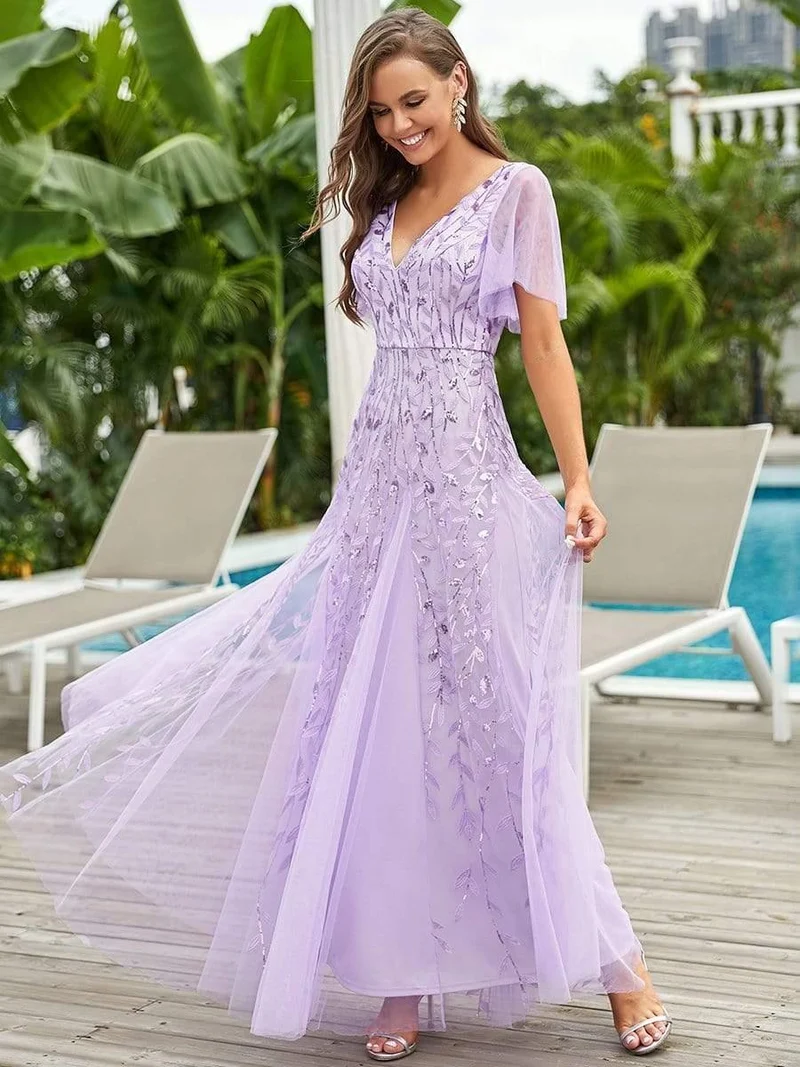 ever ASTRAL|Robe de soirée de mariage à col en V et manches à volants