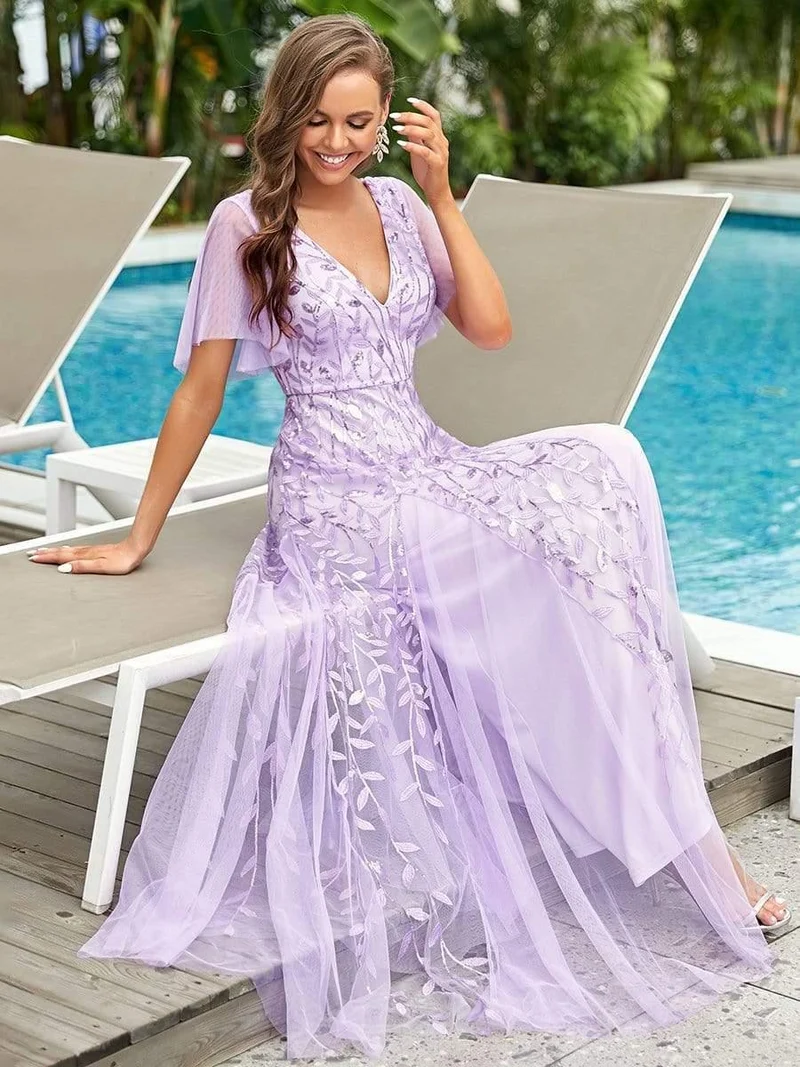 ever ASTRAL|Robe de soirée de mariage à col en V et manches à volants