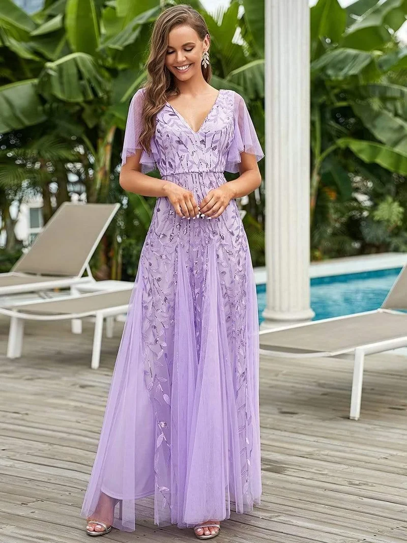 ever ASTRAL|Robe de soirée de mariage à col en V et manches à volants