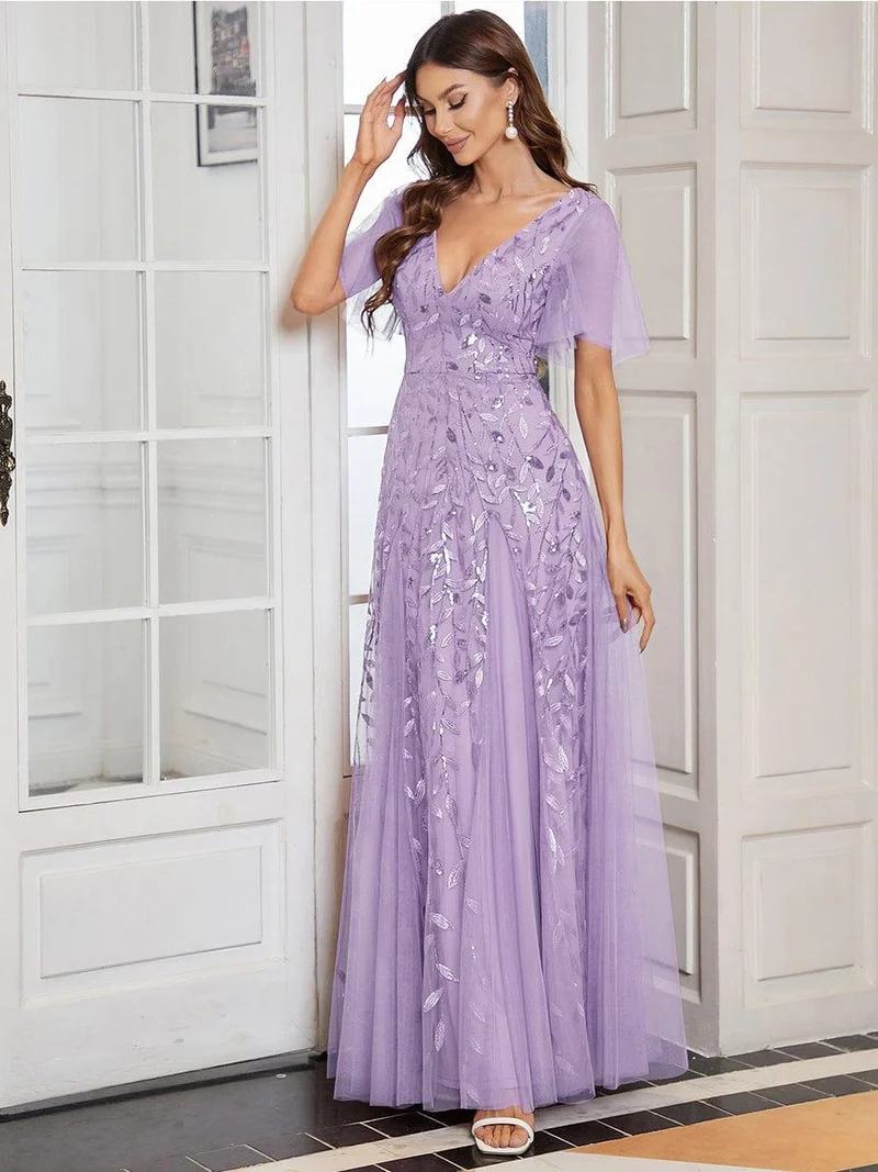 ever ASTRAL|Robe de soirée de mariage à col en V et manches à volants