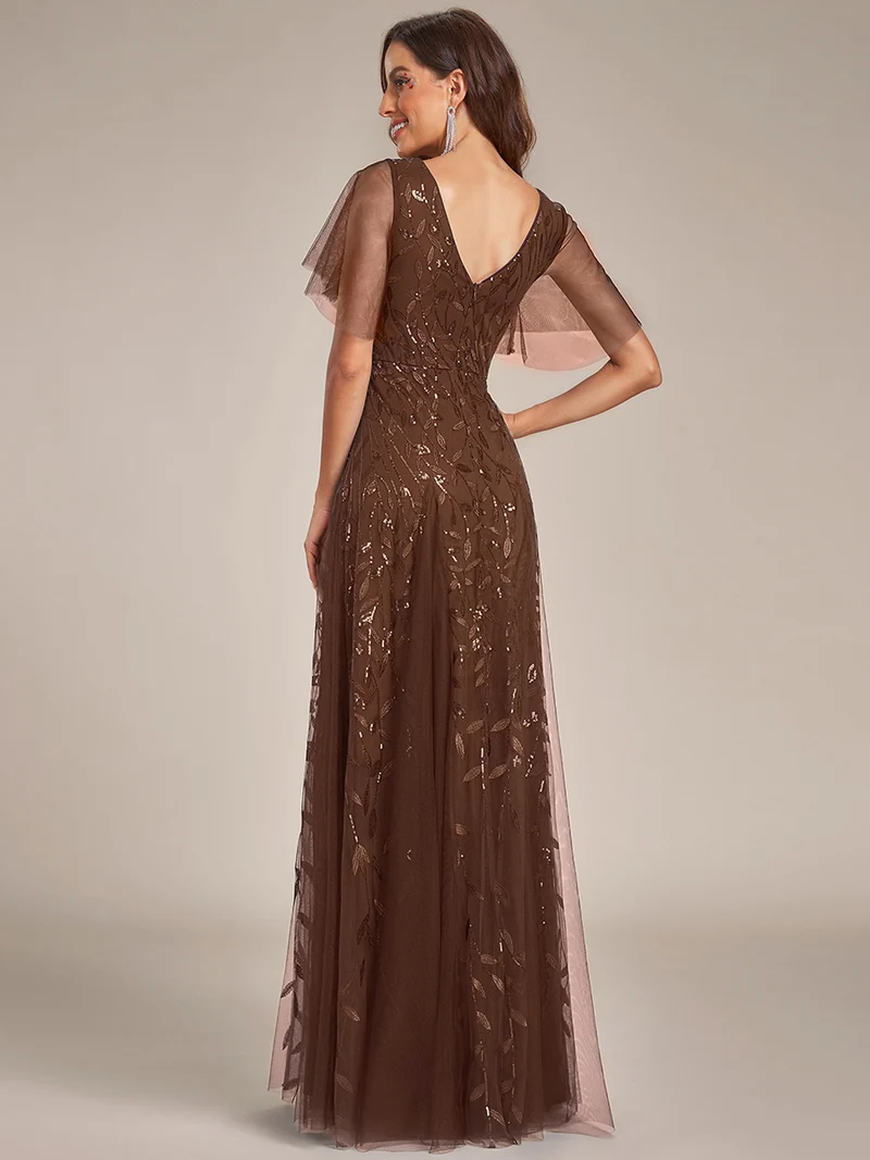 ever ASTRAL|Robe de soirée de mariage à col en V et manches à volants