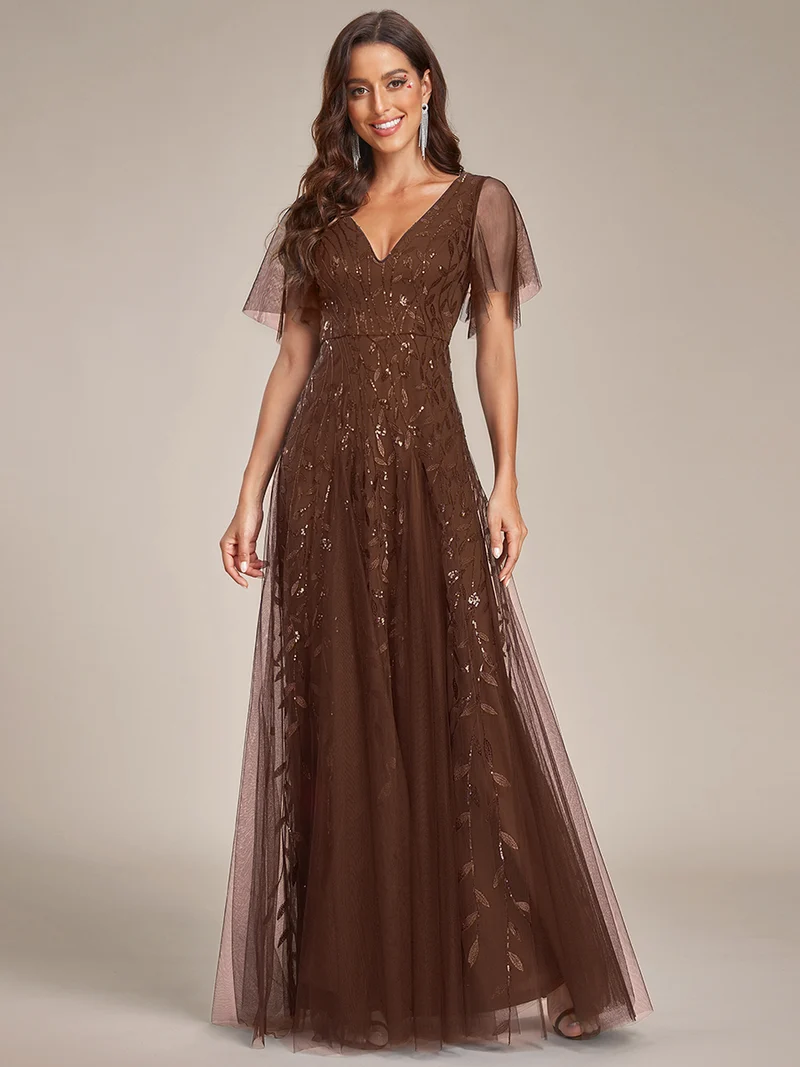 ever ASTRAL|Robe de soirée de mariage à col en V et manches à volants