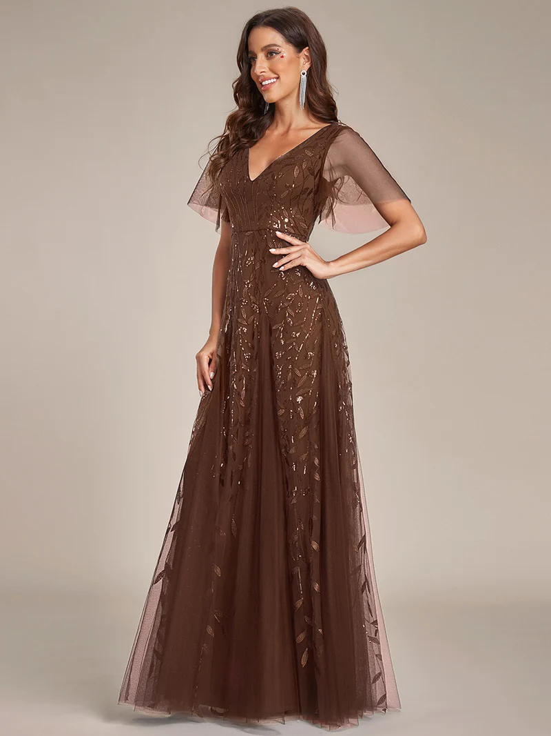 ever ASTRAL|Robe de soirée de mariage à col en V et manches à volants