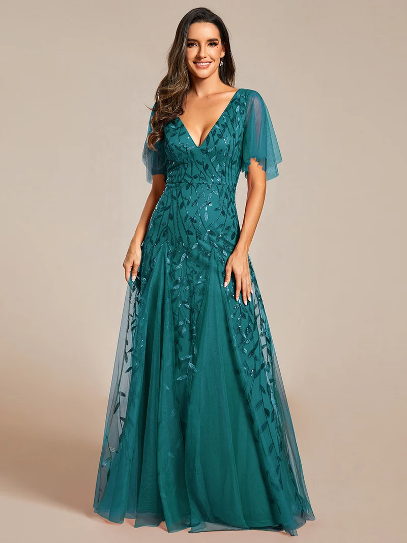 ever ASTRAL|Robe de soirée de mariage à col en V et manches à volants