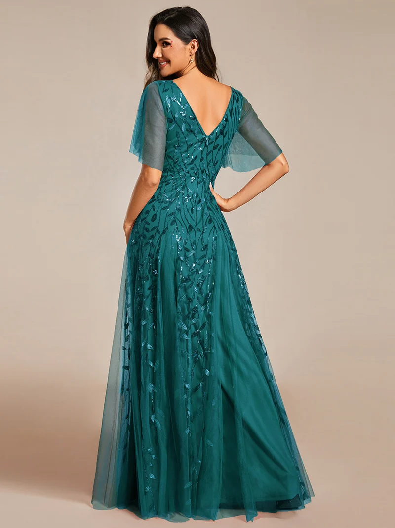 ever ASTRAL|Robe de soirée de mariage à col en V et manches à volants