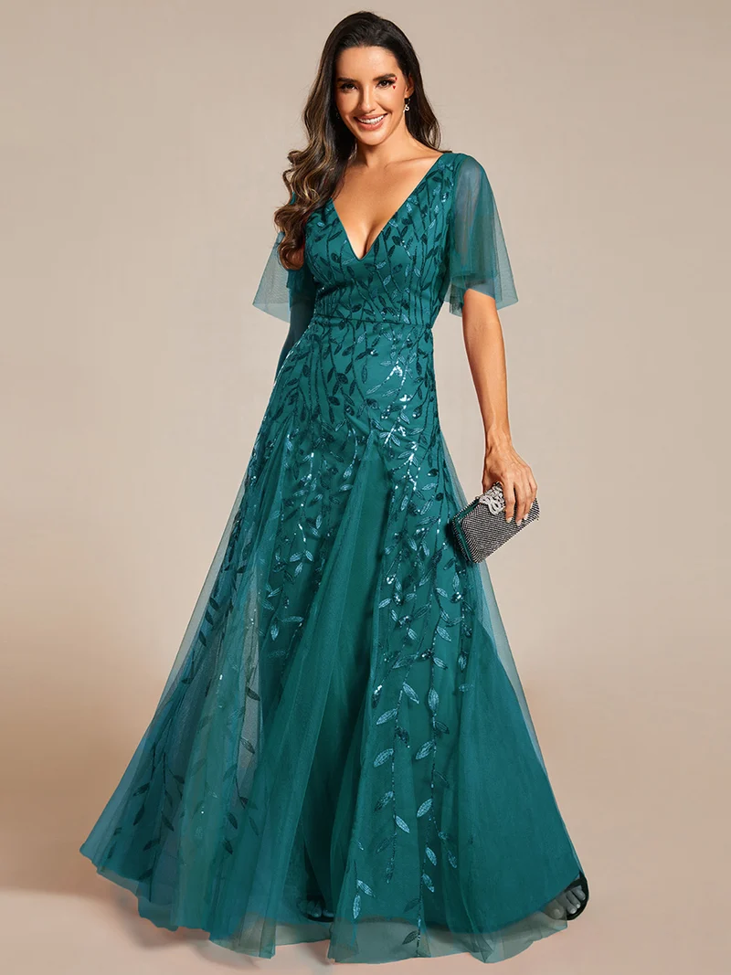 ever ASTRAL|Robe de soirée de mariage à col en V et manches à volants