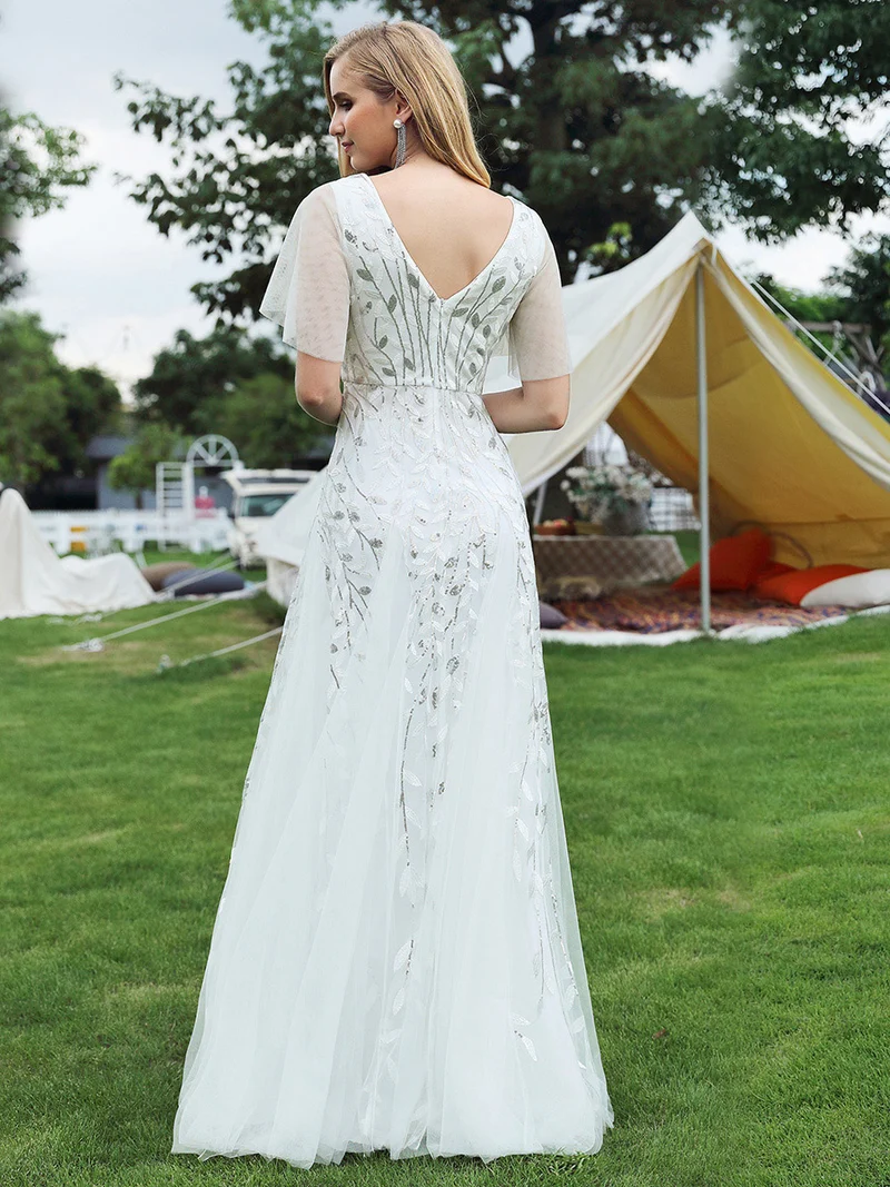 ever ASTRAL|Robe de soirée de mariage à col en V et manches à volants