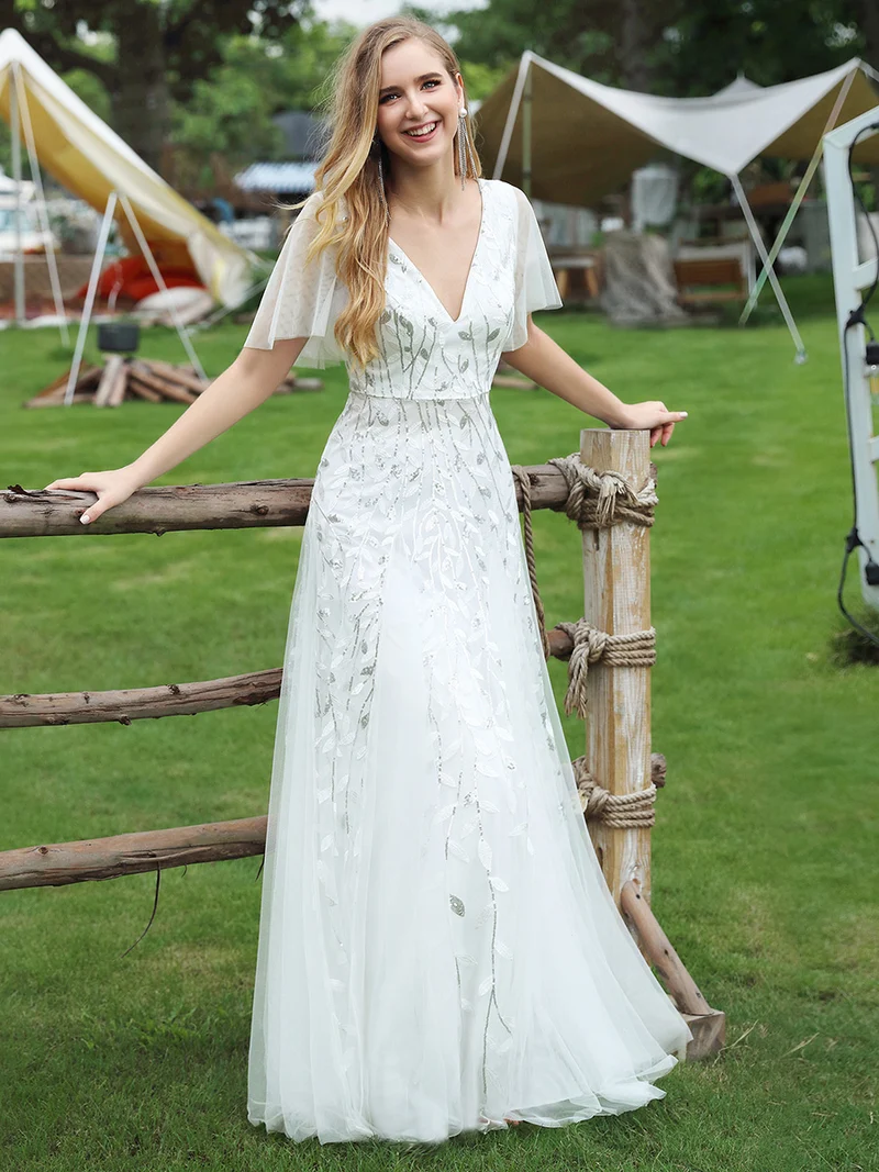 ever ASTRAL|Robe de soirée de mariage à col en V et manches à volants