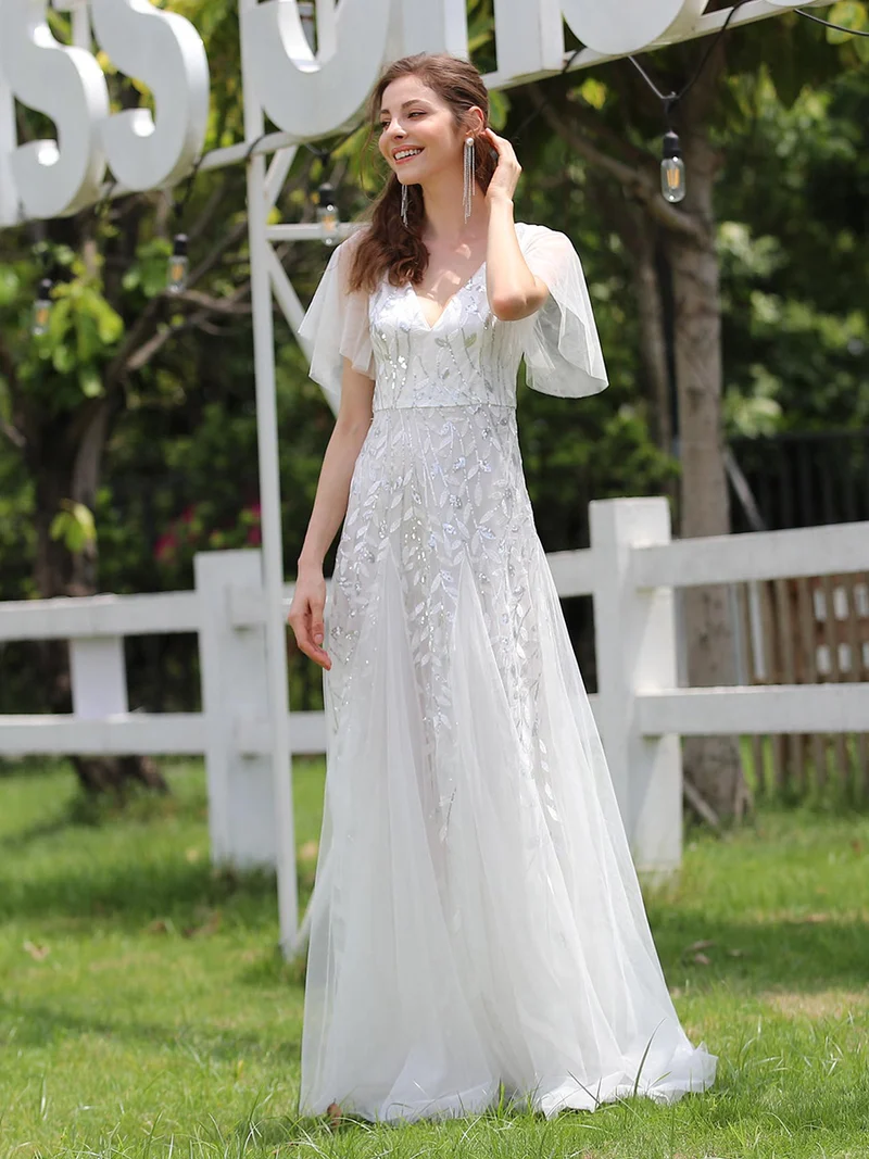ever ASTRAL|Robe de soirée de mariage à col en V et manches à volants