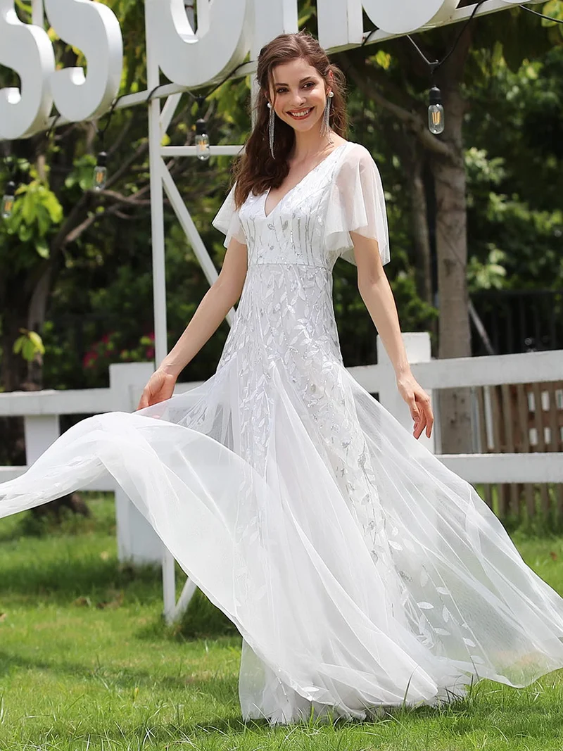 ever ASTRAL|Robe de soirée de mariage à col en V et manches à volants