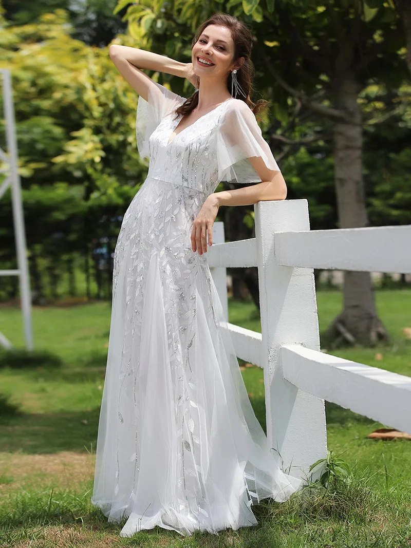 ever ASTRAL|Robe de soirée de mariage à col en V et manches à volants