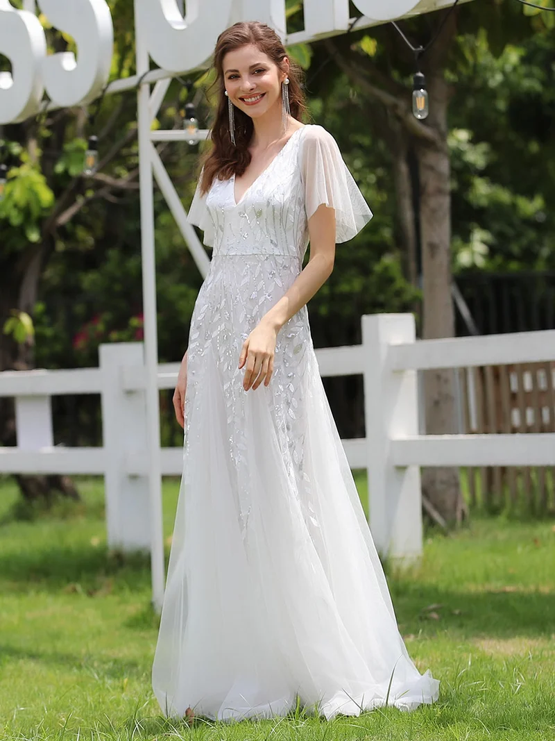 ever ASTRAL|Robe de soirée de mariage à col en V et manches à volants