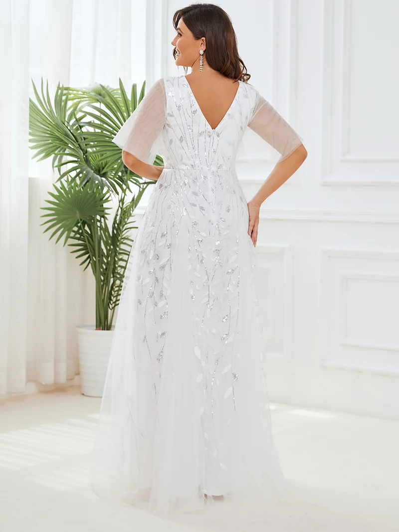 ever ASTRAL|Robe de soirée de mariage à col en V et manches à volants
