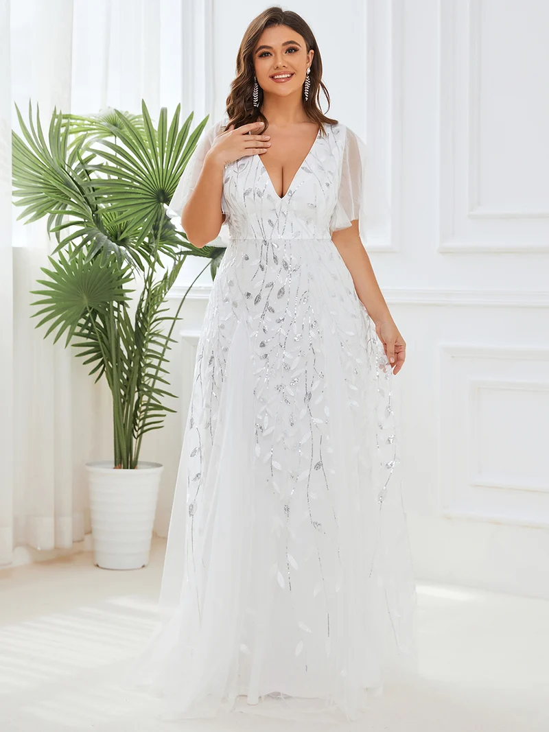 ever ASTRAL|Robe de soirée de mariage à col en V et manches à volants