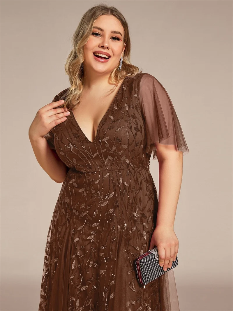 ever ASTRAL|Robe de soirée de mariage à col en V et manches à volants