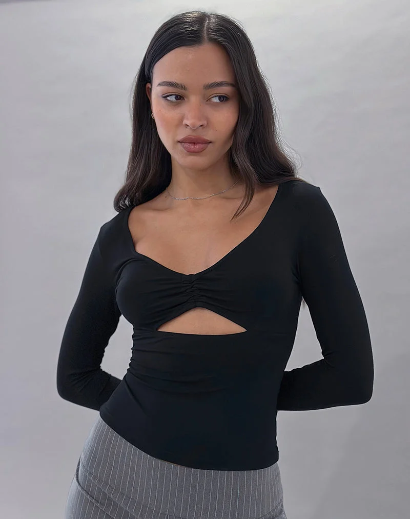 Nyala Long Sleeve Cutout Top in Rayon Jersey Black
