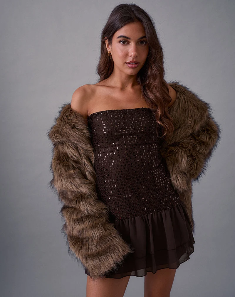 Robe corset Tinosa à volants et paillettes marron