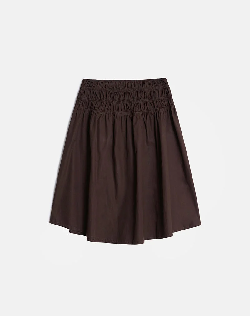 Jupe midi Neleta en popeline chocolat amer