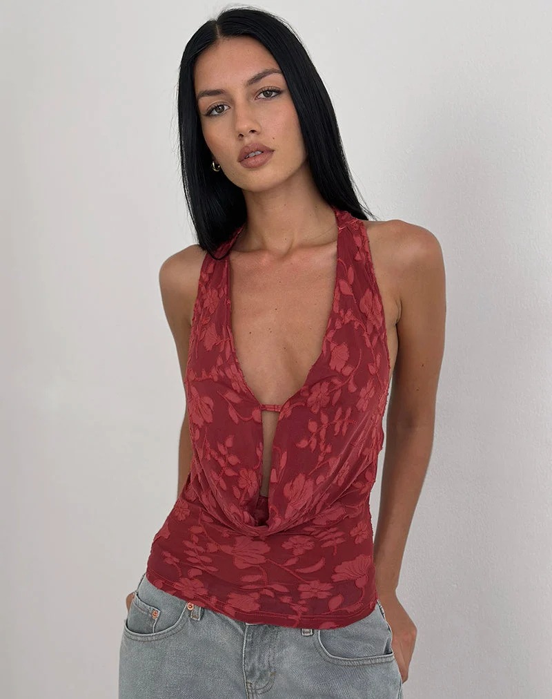 Yukari Plunge Top in Burnout Mesh Red