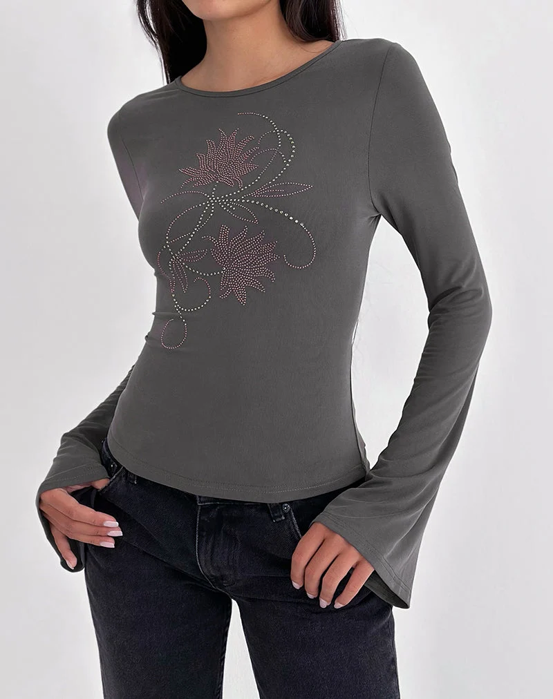 Haut à manches longues Tiyana avec fleur en strass gris foncé