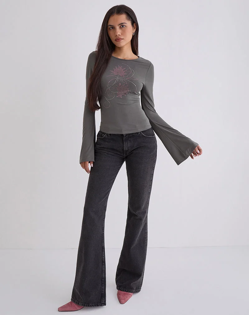 Haut à manches longues Tiyana avec fleur en strass gris foncé