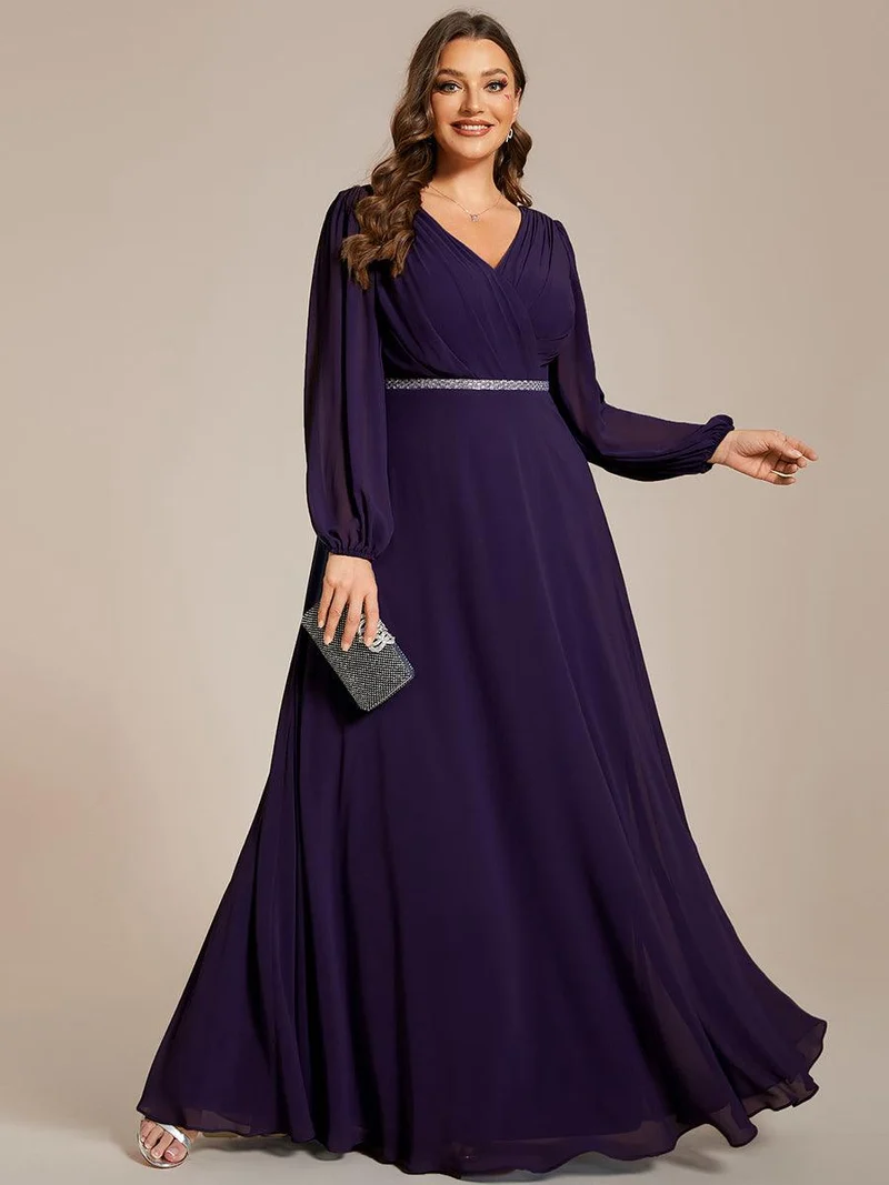 pretty ESMÉE|Robe de soirée grande taille plissée en mousseline de soie double col V manches longues ceinture brillant