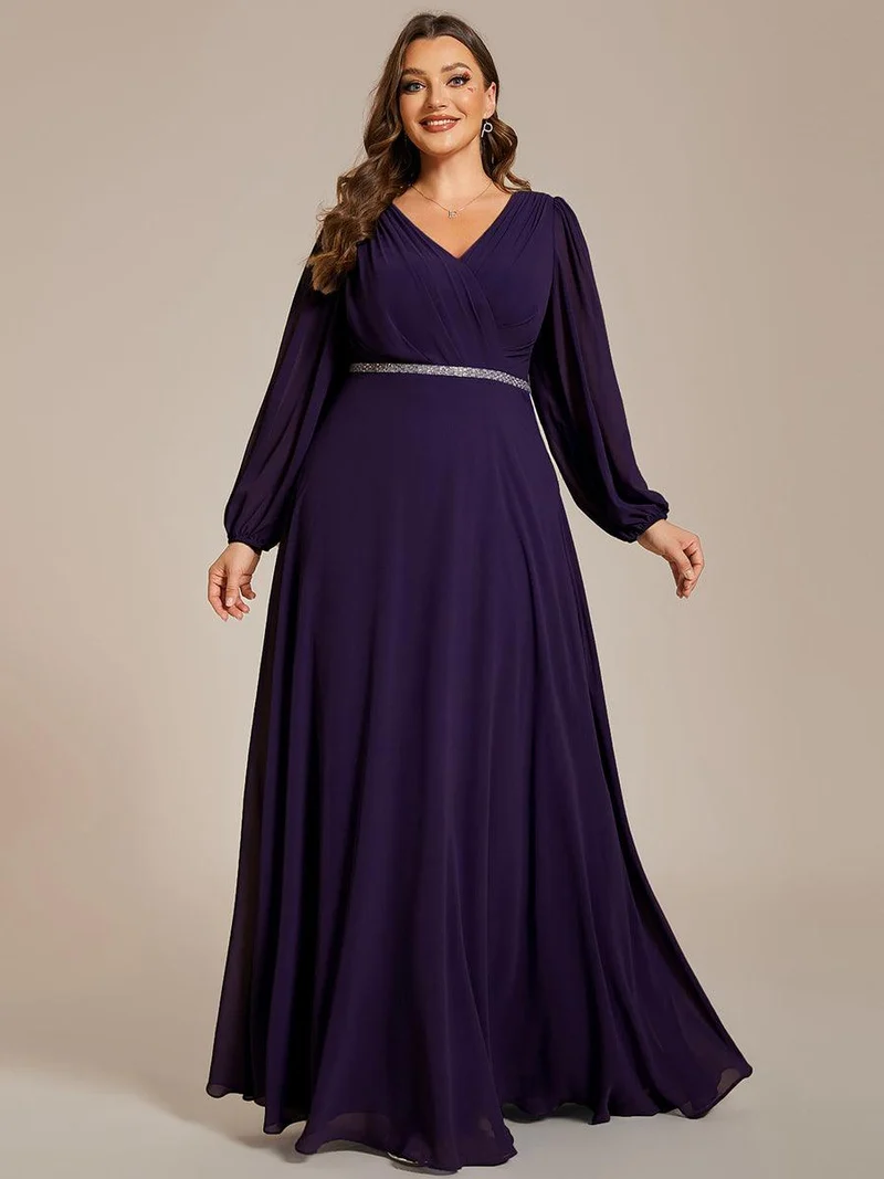 pretty ESMÉE|Robe de soirée grande taille plissée en mousseline de soie double col V manches longues ceinture brillant