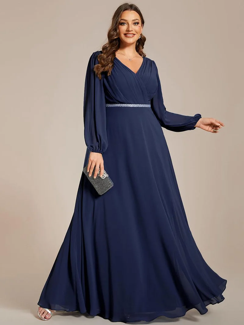 pretty ESMÉE|Robe de soirée grande taille plissée en mousseline de soie double col V manches longues ceinture brillant