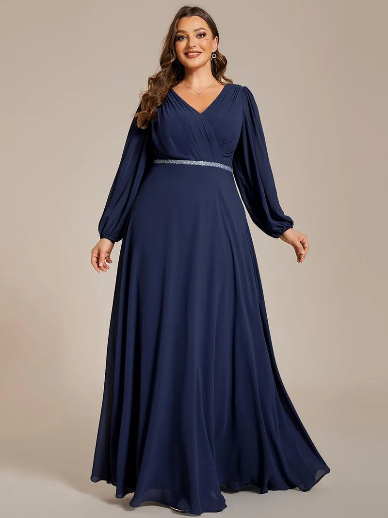 pretty ESMÉE|Robe de soirée grande taille plissée en mousseline de soie double col V manches longues ceinture brillant
