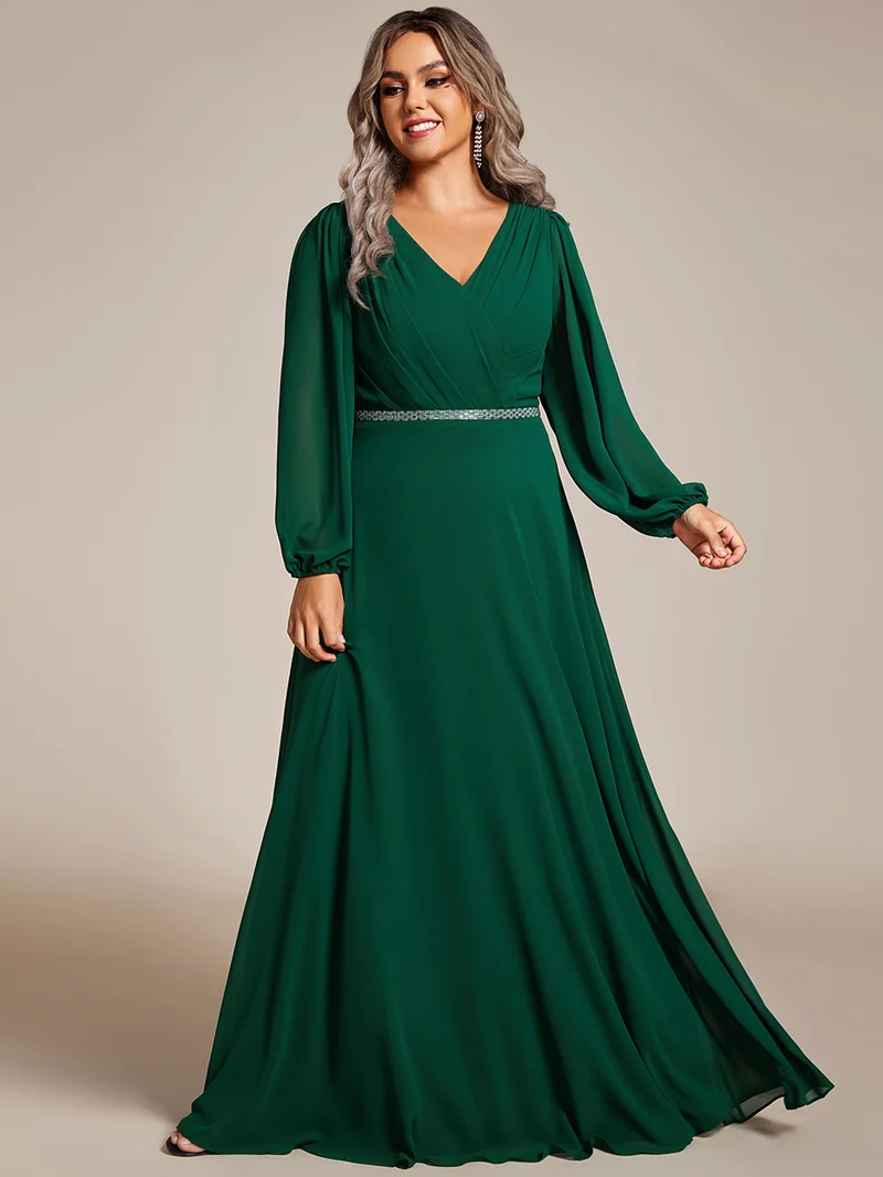 pretty ESMÉE|Robe de soirée grande taille plissée en mousseline de soie double col V manches longues ceinture brillant