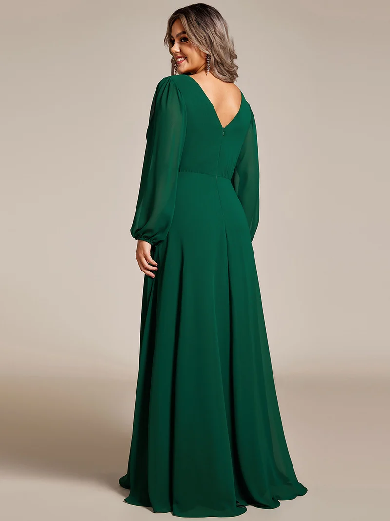 pretty ESMÉE|Robe de soirée grande taille plissée en mousseline de soie double col V manches longues ceinture brillant
