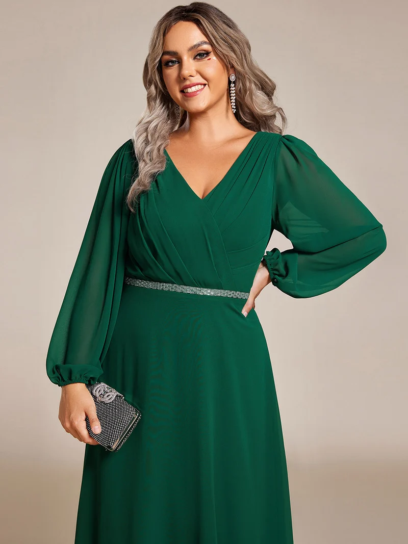 pretty ESMÉE|Robe de soirée grande taille plissée en mousseline de soie double col V manches longues ceinture brillant