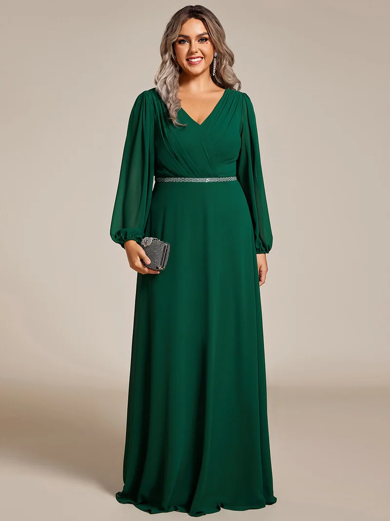 pretty ESMÉE|Robe de soirée grande taille plissée en mousseline de soie double col V manches longues ceinture brillant
