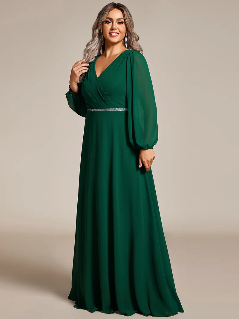 pretty ESMÉE|Robe de soirée grande taille plissée en mousseline de soie double col V manches longues ceinture brillant